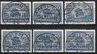 FRIMÆRKER DANMARK | 1941 - AFA 272 - Vitus Bering 40 øre blå x 6 stk. - Lux Stemplet